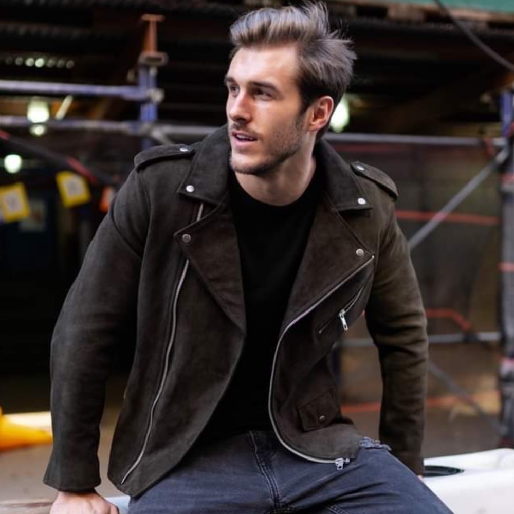 Men's Suede Biker Jacket - Dark Brown